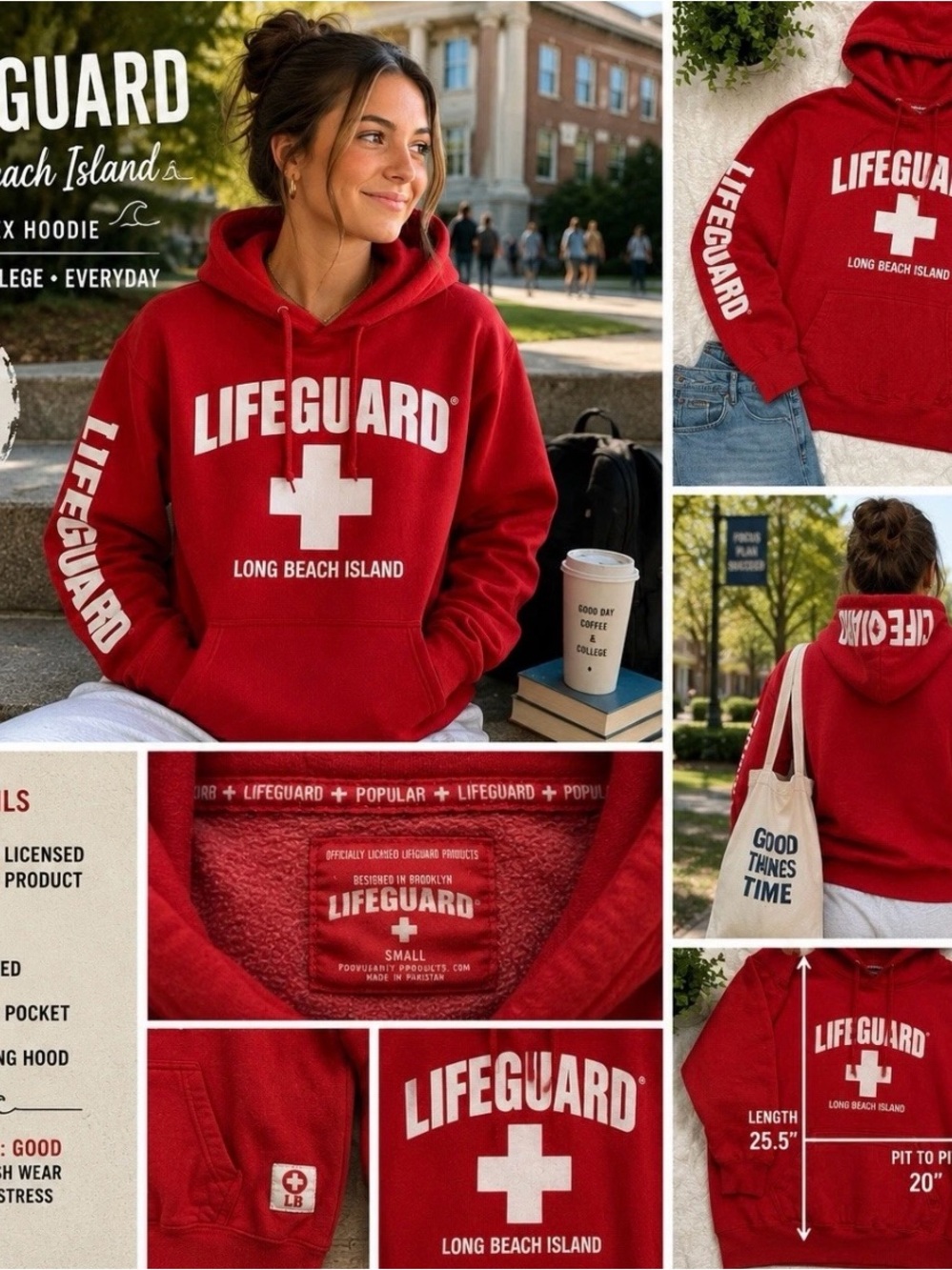 Lifeguard Hoodie Red Sweatshirt Small Coastal Long Island Beach Y2K Surfer